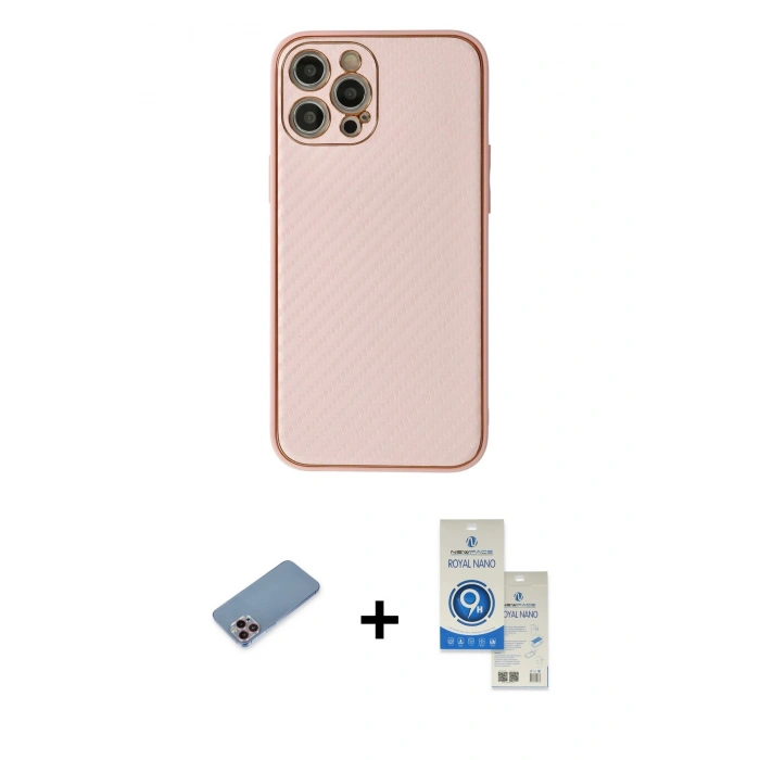 MARSİLYAN™- iPhone 12 Pro Max Kılıf Ahenk Işık - Şeffaf Royal Nano Ekran Koruyucu + Shine Kamera Lens Koruma Cam - PE