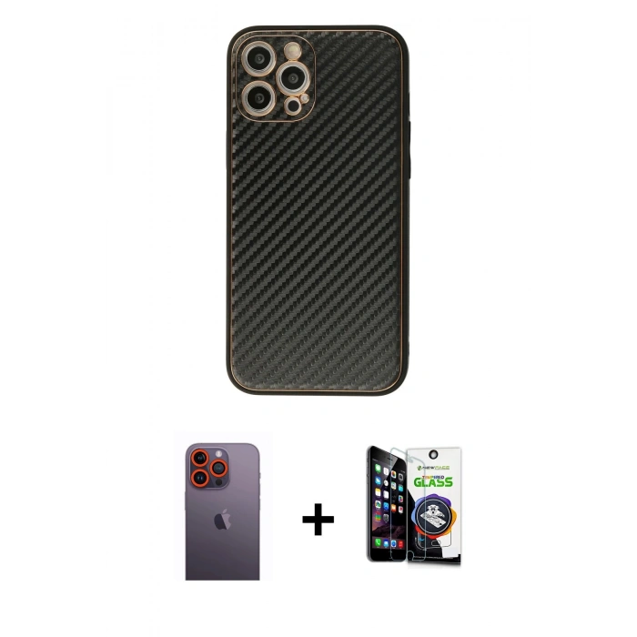 MARSİLYAN™- iPhone 12 Pro Max Kılıf Ahenk Işık - Şeffaf Temperli Cam Ekran Koruyucu + Neon Fosforlu Kamera Lens - TU