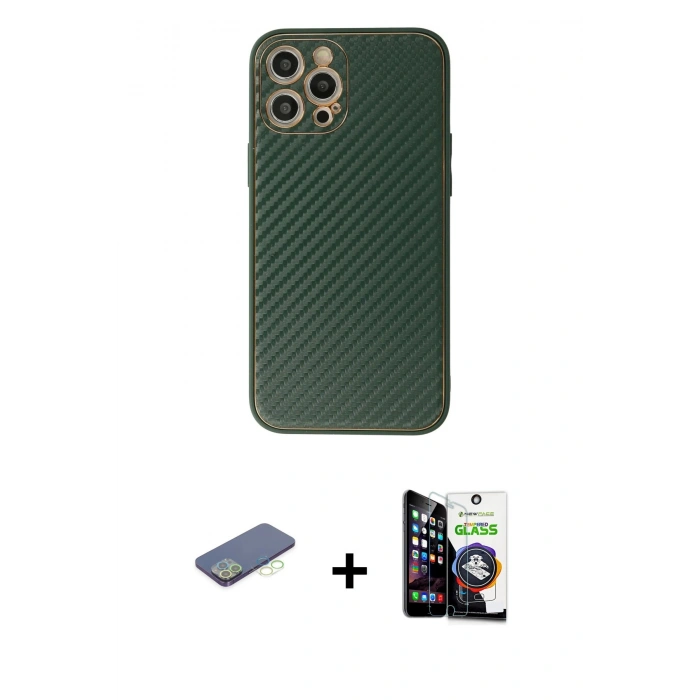 MARSİLYAN™- iPhone 12 Pro Max Kılıf Ahenk Işık - Şeffaf Temperli Cam Ekran Koruyucu + Yeşil Renkli Kamera Lens Koruma Cam