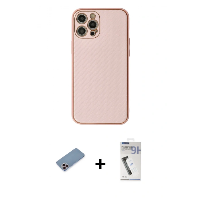 MARSİLYAN™- iPhone 12 Pro Max Kılıf Ahenk Işık - Şeffaf Uv Polymer Nano Ekran Koruyucu + Pembe Shine Kamera Lens Koruma Cam