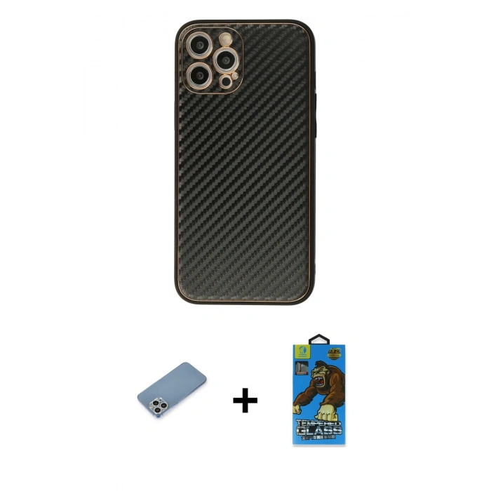 MARSİLYAN™- iPhone 12 Pro Max Kılıf Ahenk Işık - Siyah 18D Cam Ekran Koruyucu + Shine Kamera Lens Koruma Cam - GS