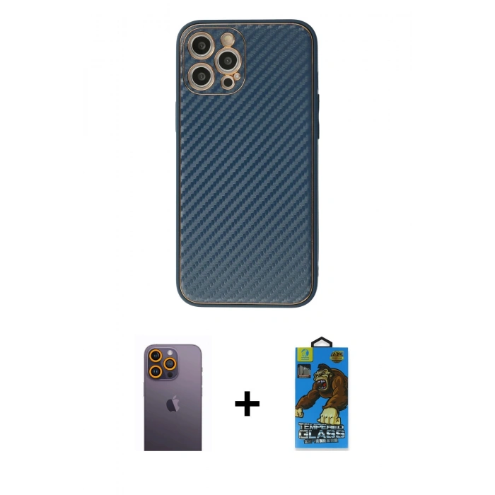 MARSİLYAN™- iPhone 12 Pro Max Kılıf Ahenk Işık - Siyah 18D Cam Ekran Koruyucu + Neon Fosforlu Kamera Lens - SI