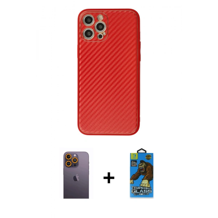 MARSİLYAN™- iPhone 12 Pro Max Kılıf Ahenk Işık - Siyah 18D Cam Ekran Koruyucu + Neon Fosforlu Kamera Lens - SI
