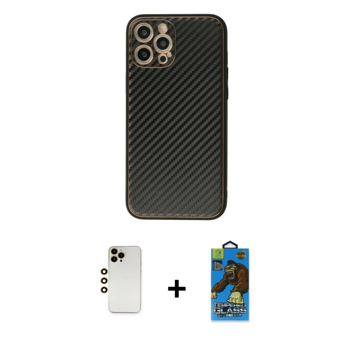 MARSİLYAN™- iPhone 12 Pro Max Kılıf Ahenk Işık - Siyah 18D Cam Ekran Koruyucu + Shine Kamera Lens - GD