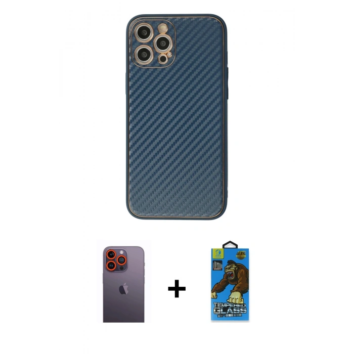 MARSİLYAN™- iPhone 12 Pro Max Kılıf Ahenk Işık - Siyah 18D Cam Ekran Koruyucu + Neon Fosforlu Kamera Lens - TU