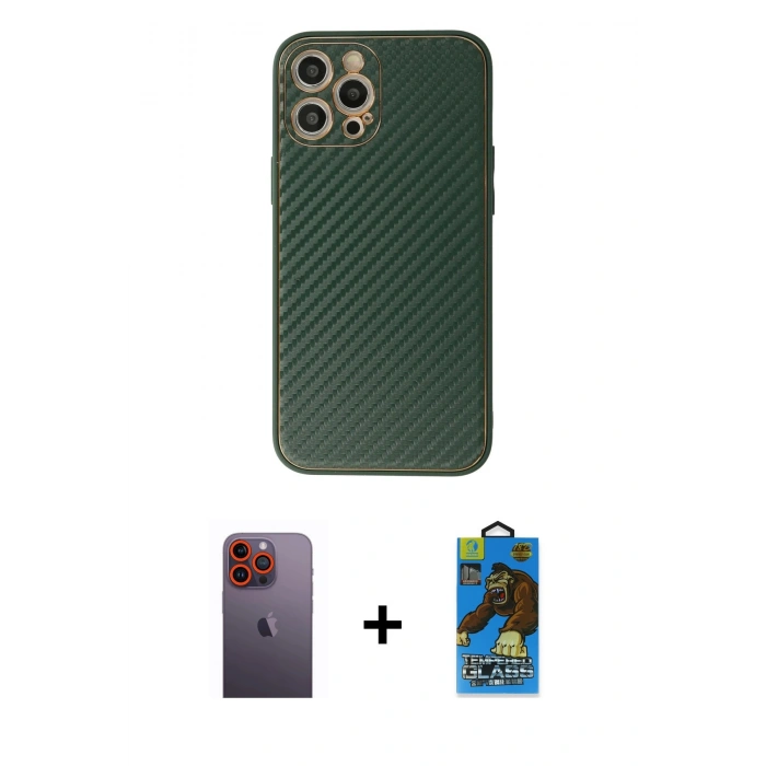 MARSİLYAN™- iPhone 12 Pro Max Kılıf Ahenk Işık - Siyah 18D Cam Ekran Koruyucu + Neon Fosforlu Kamera Lens - TU