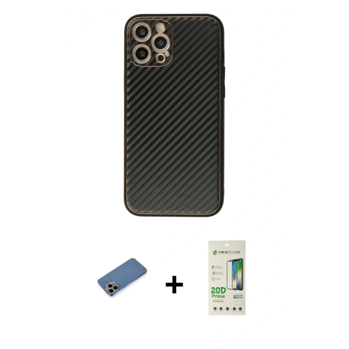 MARSİLYAN™- iPhone 12 Pro Max Kılıf Ahenk Işık - Siyah 20D Premium Cam Ekran Koruyucu + Shine Kamera Lens Koruma Cam - GD