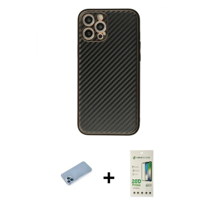 MARSİLYAN™- iPhone 12 Pro Max Kılıf Ahenk Işık - Siyah 20D Premium Cam Ekran Koruyucu + Shine Kamera Lens Koruma Cam - MI