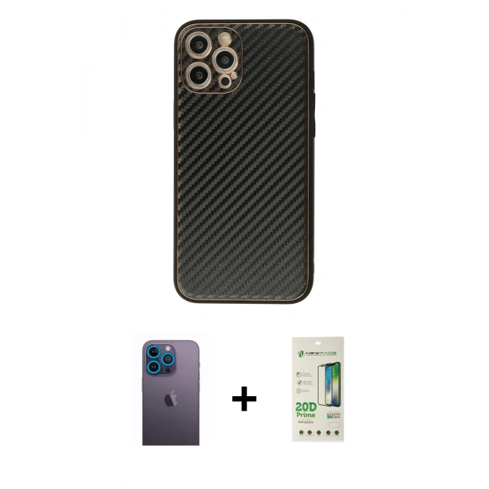 MARSİLYAN™- iPhone 12 Pro Max Kılıf Ahenk Işık - Siyah 20D Premium Cam Ekran Koruyucu + Neon Fosforlu Kamera Lens - MI