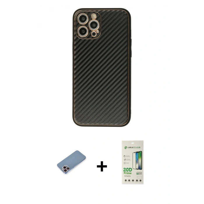 MARSİLYAN™- iPhone 12 Pro Max Kılıf Ahenk Işık - Siyah 20D Premium Cam Ekran Koruyucu + Shine Kamera Lens Koruma Cam - PE