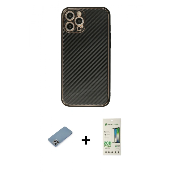 MARSİLYAN™- iPhone 12 Pro Max Kılıf Ahenk Işık - Siyah 20D Premium Cam Ekran Koruyucu + Shine Kamera Lens Koruma Cam - GI