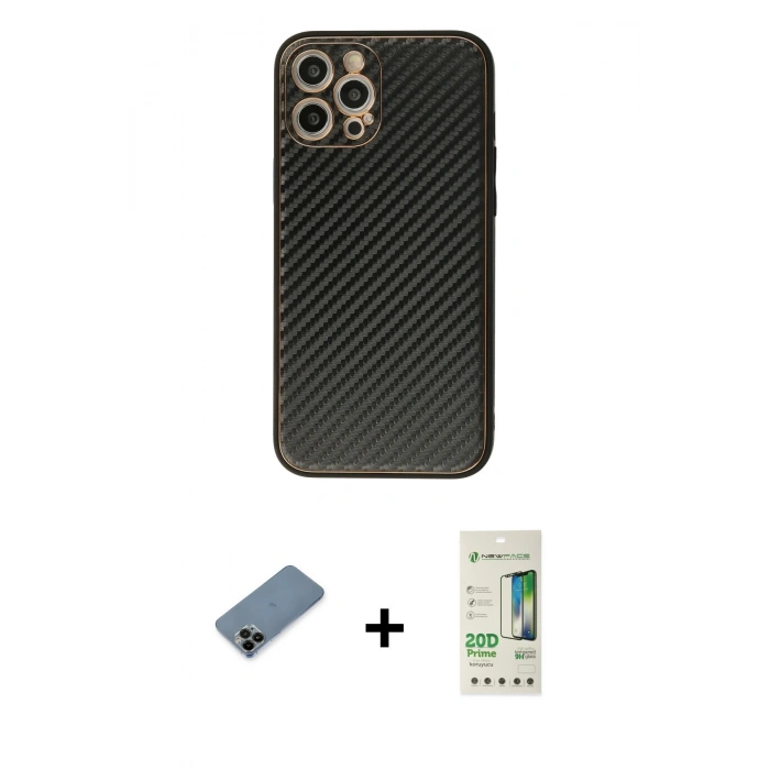 MARSİLYAN™- iPhone 12 Pro Max Kılıf Ahenk Işık - Siyah 20D Premium Cam Ekran Koruyucu + Siyah Shine Kamera Lens Koruma Cam