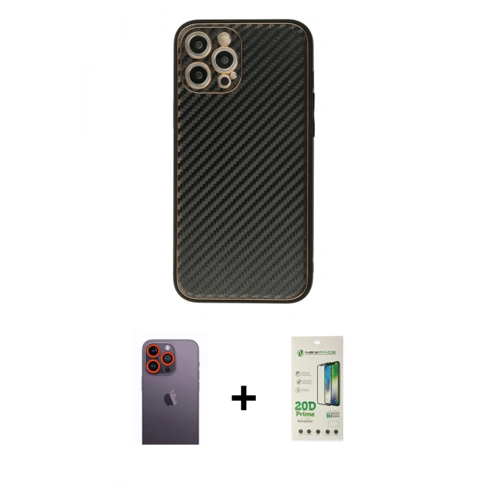 MARSİLYAN™- iPhone 12 Pro Max Kılıf Ahenk Işık - Siyah 20D Premium Cam Ekran Koruyucu + Neon Fosforlu Kamera Lens - TU