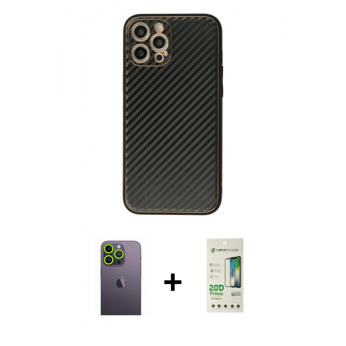 MARSİLYAN™- iPhone 12 Pro Max Kılıf Ahenk Işık - Siyah 20D Premium Cam Ekran Koruyucu + Neon Fosforlu Kamera Lens - YL