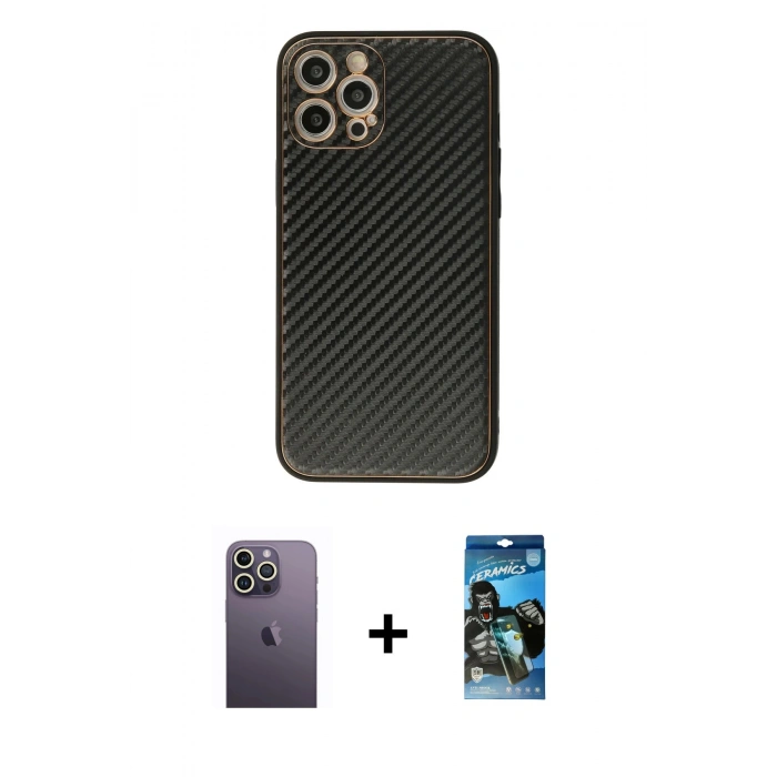 MARSİLYAN™- iPhone 12 Pro Max Kılıf Ahenk Işık - Siyah 34D Izgaralı Cam + Neon Fosforlu Kamera Lens - BZ