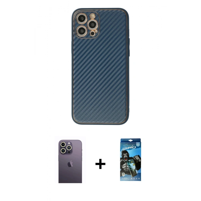 MARSİLYAN™- iPhone 12 Pro Max Kılıf Ahenk Işık - Siyah 34D Izgaralı Cam + Neon Fosforlu Kamera Lens - BZ
