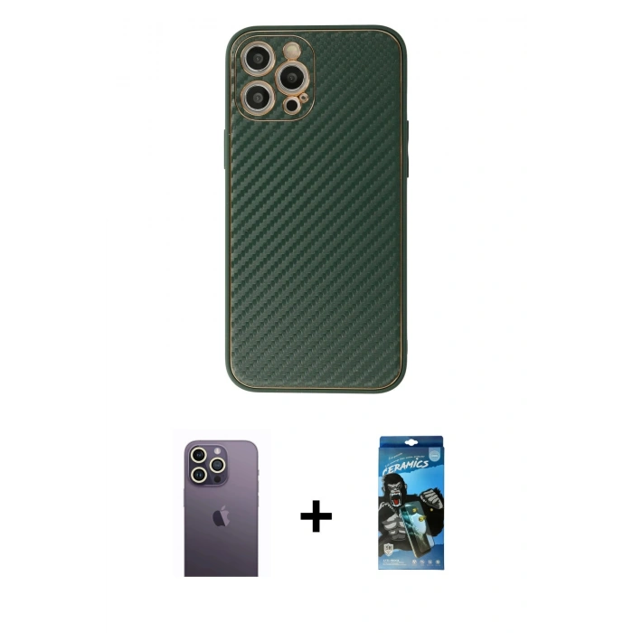 MARSİLYAN™- iPhone 12 Pro Max Kılıf Ahenk Işık - Siyah 34D Izgaralı Cam + Neon Fosforlu Kamera Lens - BZ