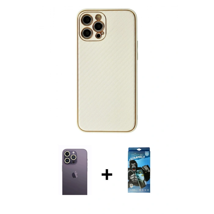 MARSİLYAN™- iPhone 12 Pro Max Kılıf Ahenk Işık - Siyah 34D Izgaralı Cam + Neon Fosforlu Kamera Lens - BZ