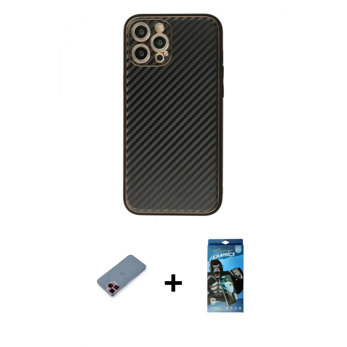 MARSİLYAN™- iPhone 12 Pro Max Kılıf Ahenk Işık - Siyah 34D Izgaralı Cam + Metal Kamera Lens Koruma Cam - KI