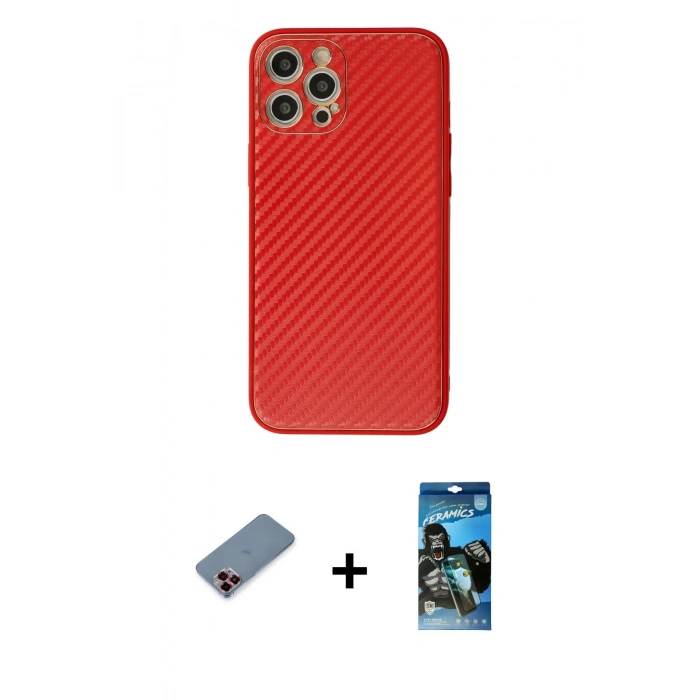 MARSİLYAN™- iPhone 12 Pro Max Kılıf Ahenk Işık - Siyah 34D Izgaralı Cam + Metal Kamera Lens Koruma Cam - KI