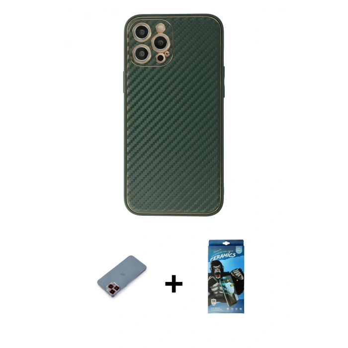 MARSİLYAN™- iPhone 12 Pro Max Kılıf Ahenk Işık - Siyah 34D Izgaralı Cam + Metal Kamera Lens Koruma Cam - KI