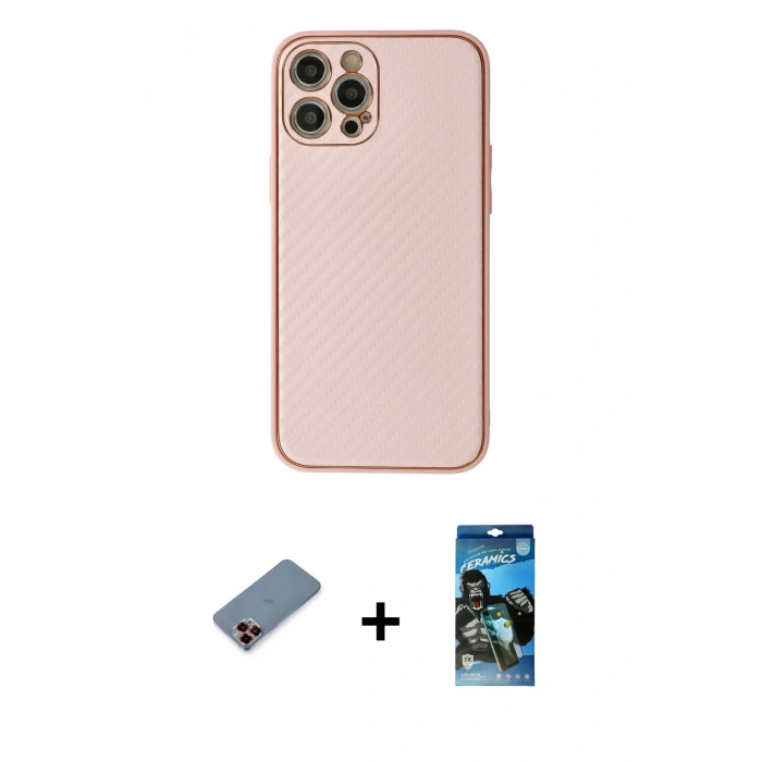 MARSİLYAN™- iPhone 12 Pro Max Kılıf Ahenk Işık - Siyah 34D Izgaralı Cam + Metal Kamera Lens Koruma Cam - KI