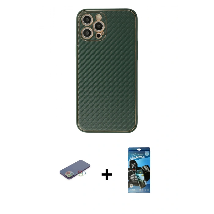 MARSİLYAN™- iPhone 12 Pro Max Kılıf Ahenk Işık - Siyah 34D Izgaralı Cam + Renkli Kamera Lens Koruma Cam - MI