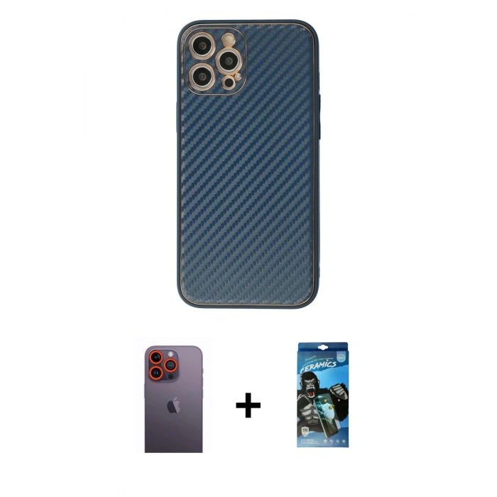 MARSİLYAN™- iPhone 12 Pro Max Kılıf Ahenk Işık - Siyah 34D Izgaralı Cam + Neon Fosforlu Kamera Lens - TU