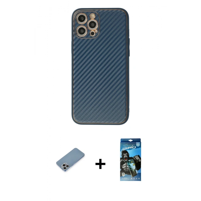 MARSİLYAN™- iPhone 12 Pro Max Kılıf Ahenk Işık - Siyah 34D Izgaralı Cam + Shine Kamera Lens Koruma Cam - GI