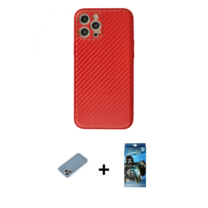 MARSİLYAN™- iPhone 12 Pro Max Kılıf Ahenk Işık - Siyah 34D Izgaralı Cam + Shine Kamera Lens Koruma Cam - GI