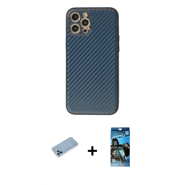 MARSİLYAN™- iPhone 12 Pro Max Kılıf Ahenk Işık - Siyah 34D Izgaralı Cam + Shine Kamera Lens Koruma Cam - MI