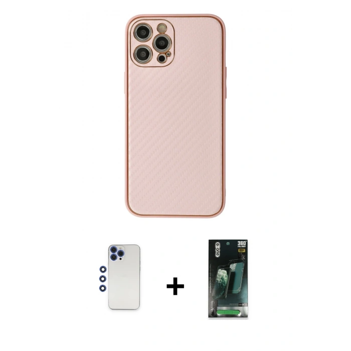 MARSİLYAN™- iPhone 12 Pro Max Kılıf Ahenk Işık - Siyah 360 Mat Full Body Arka Koruyucu + Lacivert Shine Kamera Lens