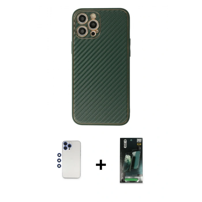 MARSİLYAN™- iPhone 12 Pro Max Kılıf Ahenk Işık - Siyah 360 Mat Full Body Arka Koruyucu + Lacivert Shine Kamera Lens