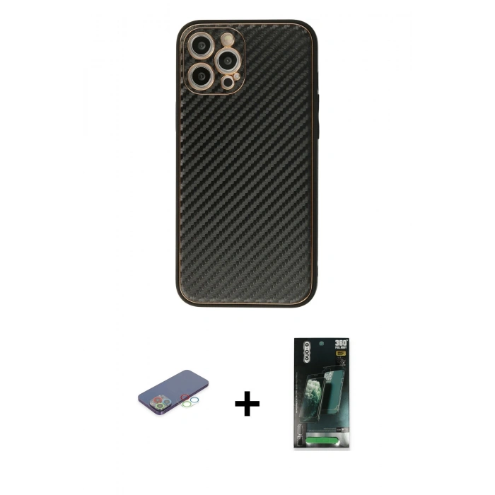 MARSİLYAN™- iPhone 12 Pro Max Kılıf Ahenk Işık - Siyah 360 Mat Full Body Arka Koruyucu + Renkli Kamera Lens Koruma Cam - MI
