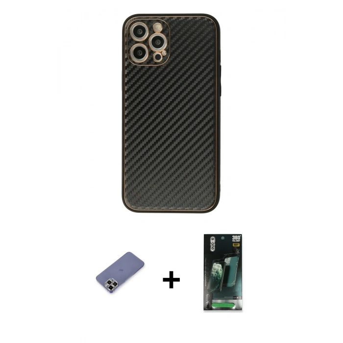 MARSİLYAN™- iPhone 12 Pro Max Kılıf Ahenk Işık - Siyah 360 Mat Full Body Arka Koruyucu + Metal Kamera Lens Koruma Cam - GD