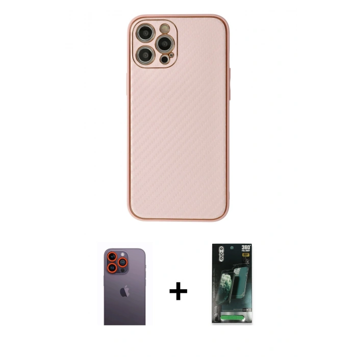 MARSİLYAN™- iPhone 12 Pro Max Kılıf Ahenk Işık - Siyah 360 Mat Full Body Arka Koruyucu + Neon Fosforlu Kamera Lens - TU