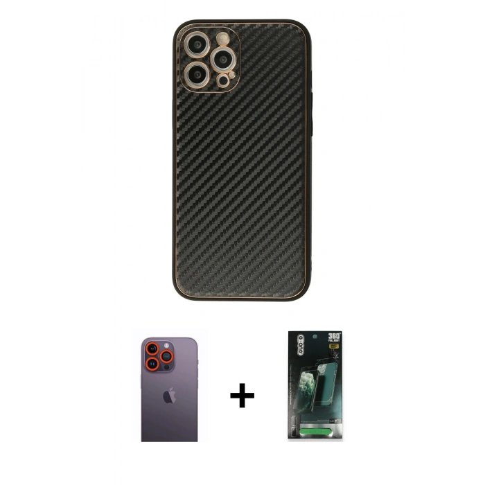 MARSİLYAN™- iPhone 12 Pro Max Kılıf Ahenk Işık - Siyah 360 Mat Full Body Arka Koruyucu + Neon Fosforlu Kamera Lens - TU