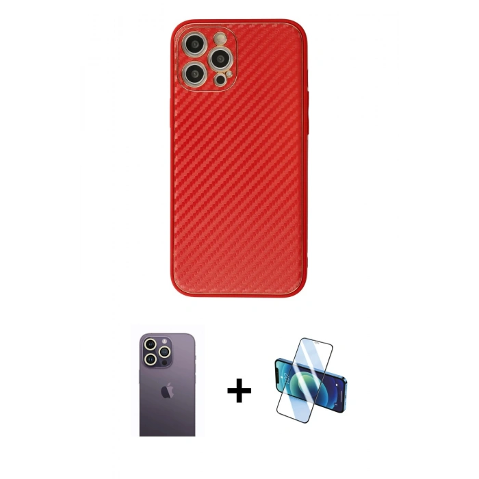 MARSİLYAN™- iPhone 12 Pro Max Kılıf Ahenk Işık - Siyah 3D Antistatik Cam Ekran Koruyucu + Neon Fosforlu Kamera Lens - BZ