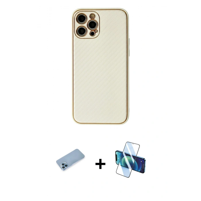 MARSİLYAN™- iPhone 12 Pro Max Kılıf Ahenk Işık - Siyah 3D Antistatik Cam Ekran Koruyucu + Mavi Shine Kamera Lens Koruma Cam