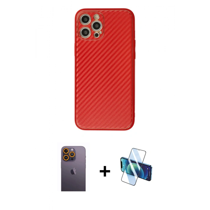 MARSİLYAN™- iPhone 12 Pro Max Kılıf Ahenk Işık - Siyah 3D Antistatik Cam Ekran Koruyucu + Neon Fosforlu Kamera Lens - SI