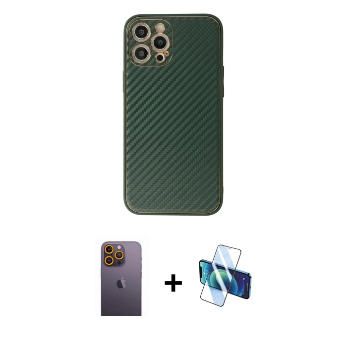 MARSİLYAN™- iPhone 12 Pro Max Kılıf Ahenk Işık - Siyah 3D Antistatik Cam Ekran Koruyucu + Neon Fosforlu Kamera Lens - SI