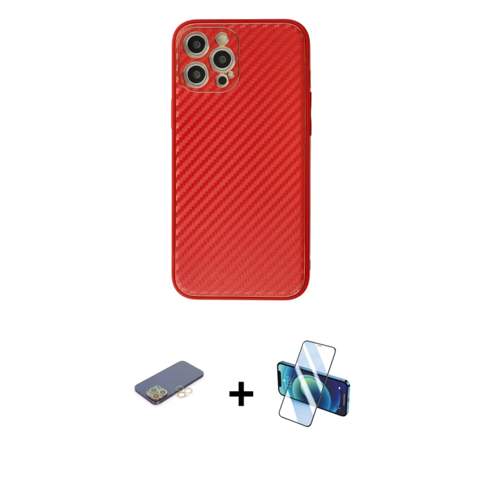 MARSİLYAN™- iPhone 12 Pro Max Kılıf Ahenk Işık - Siyah 3D Antistatik Cam Ekran Koruyucu + Renkli Kamera Lens Koruma Cam - SI