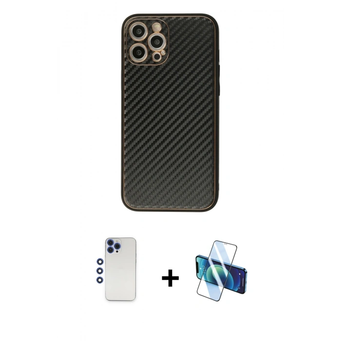 MARSİLYAN™- iPhone 12 Pro Max Kılıf Ahenk Işık - Siyah 3D Antistatik Cam Ekran Koruyucu + Shine Kamera Lens - LT