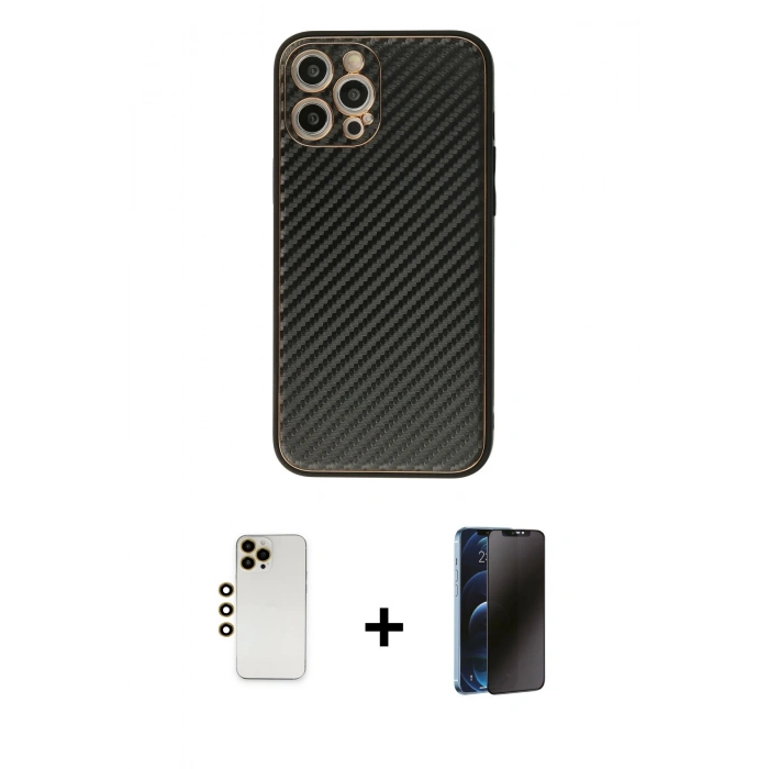 MARSİLYAN™- iPhone 12 Pro Max Kılıf Ahenk Işık - Siyah 3D Antistatik Hayalet Cam Ekran Koruyucu + Gold Shine Kamera Lens