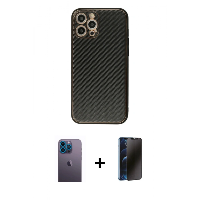 MARSİLYAN™- iPhone 12 Pro Max Kılıf Ahenk Işık - Siyah 3D Antistatik Hayalet Cam Ekran Koruyucu + Neon Fosforlu Kamera Lens - MI