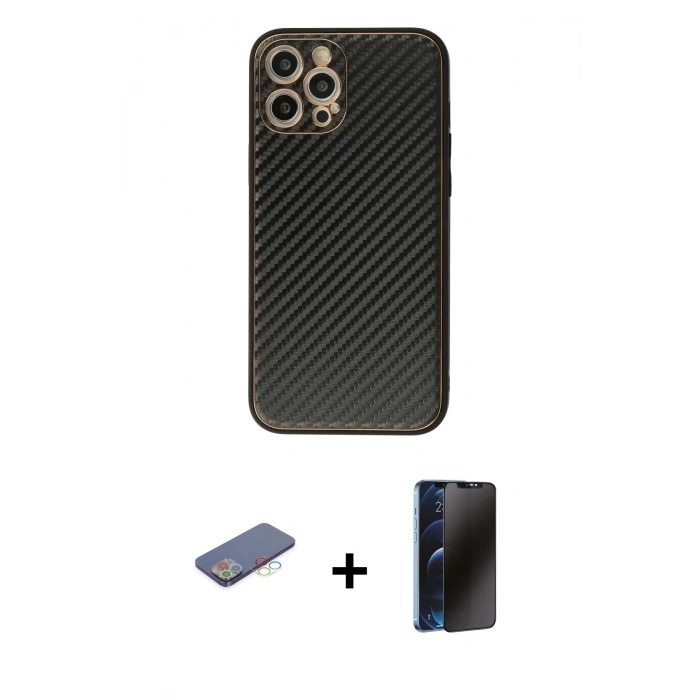 MARSİLYAN™- iPhone 12 Pro Max Kılıf Ahenk Işık - Siyah 3D Antistatik Hayalet Cam Ekran Koruyucu + Renkli Kamera Lens Koruma Cam - MI