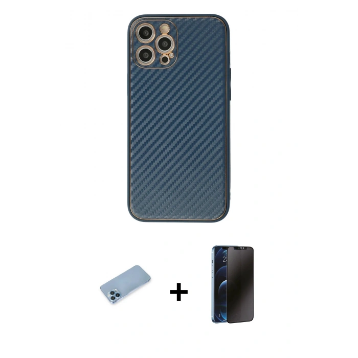 MARSİLYAN™- iPhone 12 Pro Max Kılıf Ahenk Işık - Siyah 3D Antistatik Hayalet Cam Ekran Koruyucu + Shine Kamera Lens Koruma Cam - MI