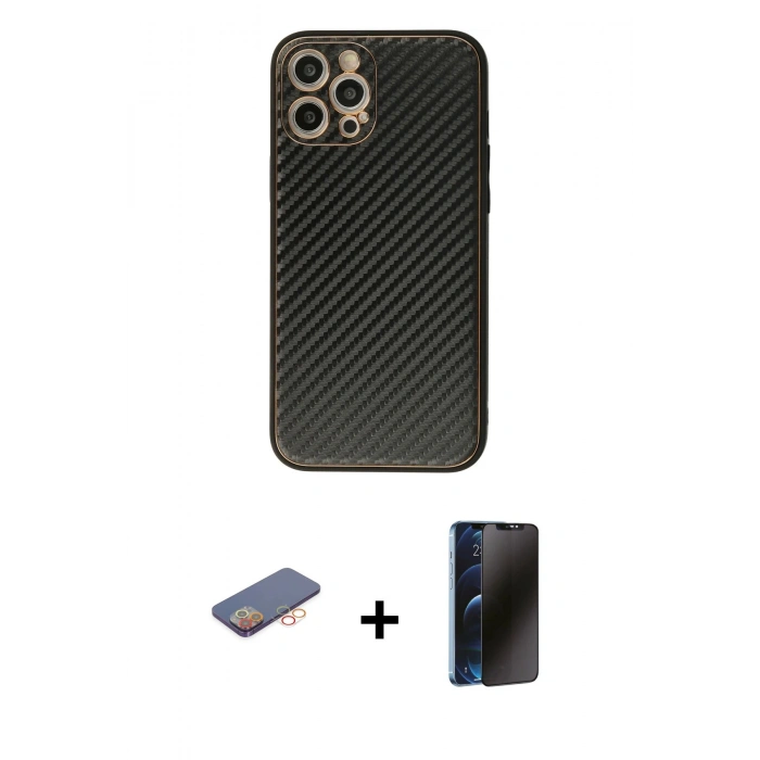MARSİLYAN™- iPhone 12 Pro Max Kılıf Ahenk Işık - Siyah 3D Antistatik Hayalet Cam Ekran Koruyucu + Renkli Kamera Lens Koruma Cam - TU