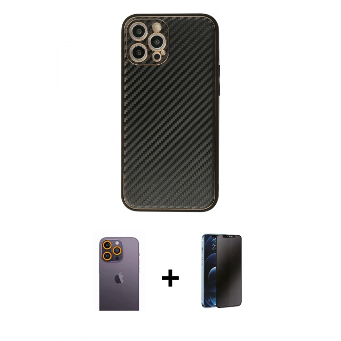MARSİLYAN™- iPhone 12 Pro Max Kılıf Ahenk Işık - Siyah 3D Antistatik Hayalet Cam Ekran Koruyucu + Neon Fosforlu Kamera Lens - SI