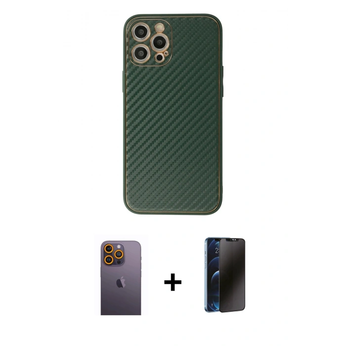 MARSİLYAN™- iPhone 12 Pro Max Kılıf Ahenk Işık - Siyah 3D Antistatik Hayalet Cam Ekran Koruyucu + Neon Fosforlu Kamera Lens - SI